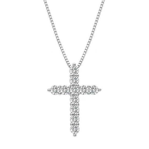 Silver Cross Neck Pendant Round Cut Crystal Religion Pendant on Chain - Picture 6 of 16